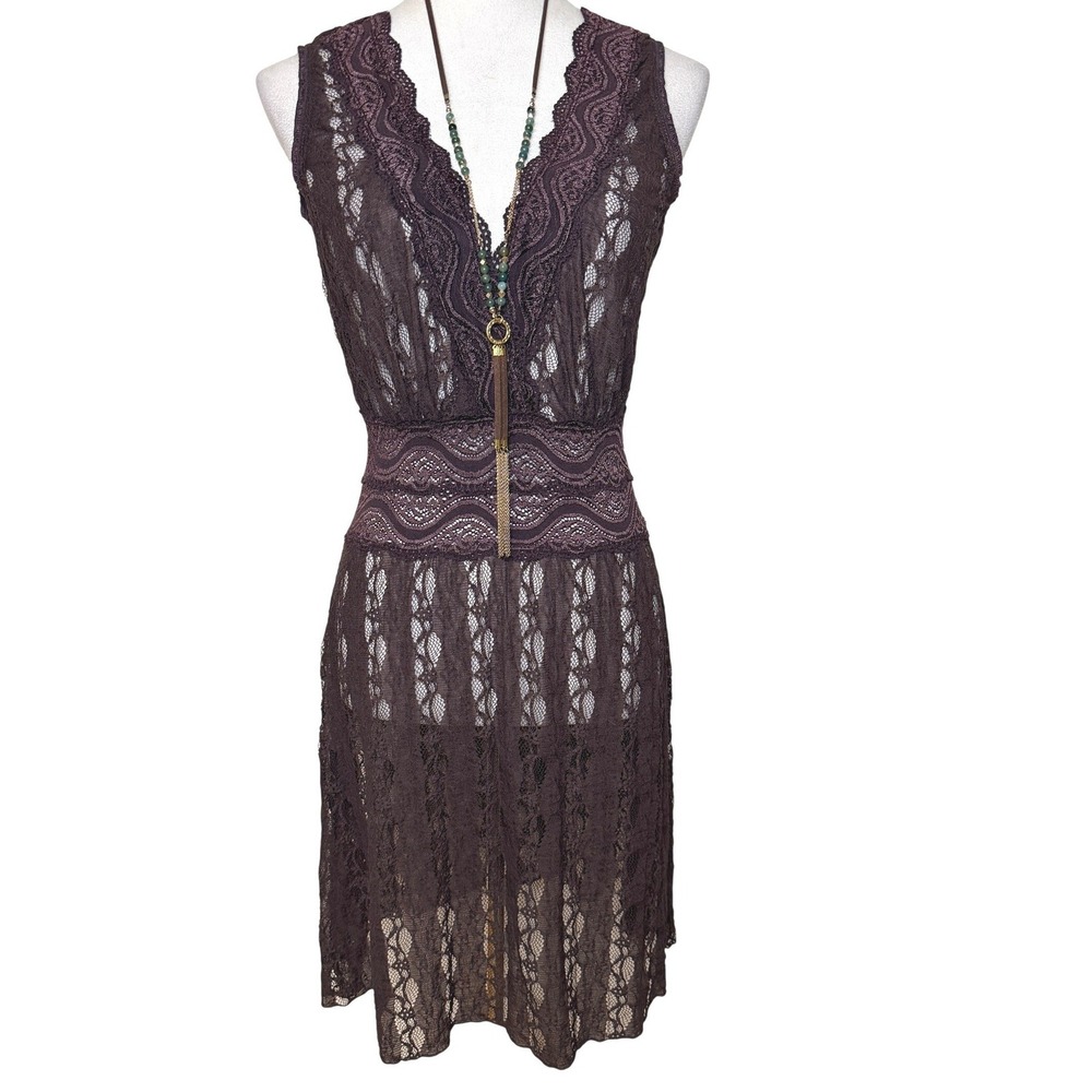 Yonk Embroider Sheer Lace Chocolate Brown Sheer Sleeveless Dress See Through M